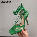 Niulatu Sandy Beach Mesh Hollow Summer Sandals Women Travel Cross-Tied Thin Heels High Shoes 2025 Sexy Zapatillas Mujer DJSE