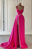Niulatu One Shoulder Satin Beaded Long Prom Dress Slit Evening Dress HZ1007
