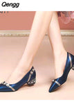 Niulatu Women's Autumn Shallow Leather Shoes All-match Low Heel Crystal Elegant Flower Shoes Soft Ladies's Party Blue Black Work Shoes DJSE