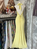Niulatu Yellow Mermaid Halter Neck Sequin Diamond Long Prom Dress Backless Slit Evening Dress HZ1007