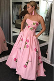 Niulatu Sweetheart Strapless Pink Long Prom Dress With Embroidery Pockets HZ0113