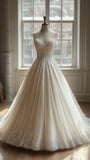 Niulatu A-line V-neck lace tulle long prom dress, white wedding dress HZ1108