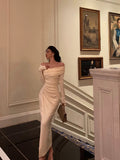 Niulatu Sheath Off The Shoulder Long Sleeves White Slit Prom Dresses Birthday Outfits SD567