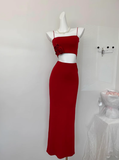 Cute Mermaid Spaghetti Straps 2 Pieces Red Long Summer Dress For Women HZ1214