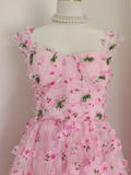 Niulatu A Line Straps Pink Floral Tulle Lace Prom Dresses Birthday Outfits SD377