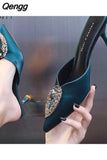 Niulatu Women Pumps Summer Mid-heel Shoes Stiletto Pointed Toe Rhinestone Decoration Luxury Sandals Ladies Sandalia Feminina Mules DJSE