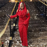 Niulatu Mermaid Halter Red Sequin Long Prom Dress With Gloves HZ1110