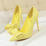 Niulatu Shoes Pink Heels Woman Blue Sweet Bow Women White High Heels Matte Leather Pumps Thin Heel Pointed Ladies high heels DJSE