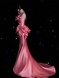 Niulatu Pink Satin 3D Flowers Mermaid Prom Dress Long Evening Dress HZ1007