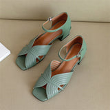 Niulatu Sandals Shoes Women Genuine Leather Ankle Strap Shoes Med Thick Heel Sandals Square Toe Cow Leather Lady Sandals Summer DJSE