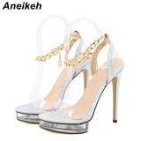 Niulatu NEW Summer Sexy Crystal Waterproof Platform High Heels Sandals Shoes Women PVC Metal Chain Sandals Party Nightclub Pumps DJSE