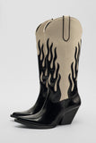 Niulatu Women Fashion Block Heel Cowboy Cowgirl Boots Fire Design 2025 Brand New Shoes Slip On Pointed Toe Fashion Punk DJSE