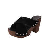 Niulatu Women Sandals 2025 New Square High Heel Platform Flock Casual Rivet Pumps Peep Toe Female Elegant Ladies Shoes Zapatos De Mujer DJSE