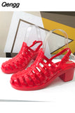 Niulatu Women's Jelly Sandals Woman Summer Hollow Out Shoes Women Buckle Mid Heels Ladies Footwear Female Outside Beach Slides DJSE