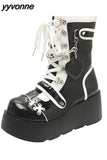 Niulatu Women Goth Platform Mid Calf Boots Wedges Heeled Cospaly Autumn Combat Boots Design Luxury Motorcycle Boots Shoes DJSE
