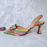 Niulatu 2025 New Fashion Full Of Crystal Decoration Style Rainbow Glass Heel Friends Party Shoes Ladies Shoes And Bag For Party DJSE