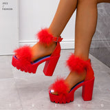 Niulatu Sandals High Heels with Fur Female Platform Pumps Women Ankle Strap Women's Wedge Shoes 2025 Summer DJSE