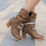 Niulatu Boots Women Autumn Winter Retro PU leather Shiny Rivets Heel Half Boots Winter Shoes Women Botines Mujer 2025 DJSE