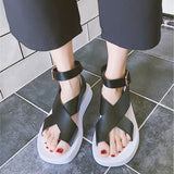 Niulatu Women Flat with Sandals Ladies Cross-tied PU Cool Girls Platform Soild Beach Shoes Ankle Strap Sandalias Mujer Verano DJSE