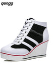 Niulatu Women Wedge Mesh Platform Casual Sneakers Side Zip Lace Cake Heel Booties 8cm Height Increased Canvas Stitching Color Shoes DJSE