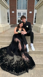 Niulatu A-line V Neck Prom Dress Black Evening Gown HZ1007