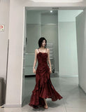 Niulatu Sheath Sweetheart Sleeveless Satin Burgundy Long Prom Dresses SD2399