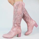 Niulatu Embroidery Mid Calf Boots Women Pink Cowboy Cowgirls Casual Western Boots Chunky Pointed Toe Shoes Woman Wholesale DJSE
