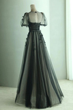 Niulatu Line Black Puff Sleeves Tulle Long Prom Dress Black Formal Evening Dress HZ1007