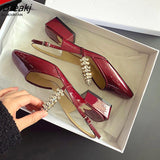 Niulatu Sandals Women Spring Summer Rhinestones Single Shoes Square Toe Simple Solid Color Buckle DJSE