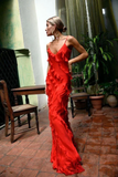 Niulatu Ruffles Prom Dress Red Backless Long Party Dress Evening Dress HZ1007