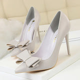 Niulatu Shoes Pink Heels Woman Blue Sweet Bow Women White High Heels Matte Leather Pumps Thin Heel Pointed Ladies high heels DJSE