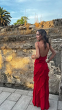 Niulatu Ruffles Prom Dress Red Backless Long Party Dress Evening Dress HZ1007