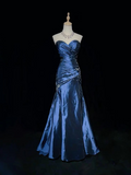 Niulatu Strapless Mermaid Beaded Evening Gown Blue Sweetheart Satin Prom Dress HZ1007