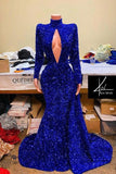 Niulatu Sapphire Sequined Mermaid Prom Dress with High Neck and Long HZ1007