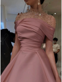 Niulatu A-Line Evening Gown Elegant Dress Formal Floor Length Short Sleeve Illusion Neck Satin with Ruched Beading Prom Dress HZ1110
