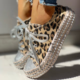 Niulatu Woman Spring Leopard Print Canvas Fashion Sneakers Rhinestone Sequin Flat Wild Women's Shoes Youth Casual Shoes Plus Size DJSE