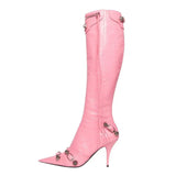 Niulatu Luxury Pointed Toe Stiletto Women's Shoes Retro Metal Buckle Zipper Knee High Boots Slim Tassel Boots Women Size 43 DJSE