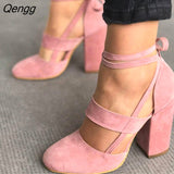 Niulatu Women's Pumps Plus Size 35-43 Women Gladiator Summer High Heels for Party Wedding Shoes Thick Heels Fashion Lace-up Female Black DJSE