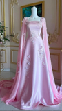 Niulatu Pink Satin Long A Line Evening Dress Pretty Appliques Prom Dress HZ1007