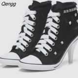 Niulatu Women Canvas Shoes Denim High Heels Rivets Shoes Fashion Shoe Laces Sneakers Women Short Women's Pumps black blue DJSE
