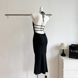 Niulatu Sheath Halter Black Dinner Dresses Mid Length Black Birthday Outfit SD287