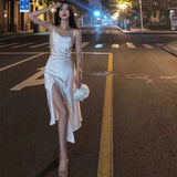 Niulatu A Line Spaghetti Straps Satin Party Dress Prom Dresses SD1382
