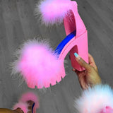 Niulatu to college Women Sandals Fluffy High Heels Summer Fur Shoes 2025 Casual Ankle Buckle Fashion Shoes Non-Slip Outside Sandals Big Size 43 DJSE