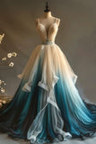 Niulatu A-Line V-Neck Tulle Applique Long Prom Dress, Spaghetti Strap Vintage Evening Dress HZ1026