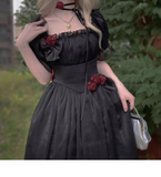 Niulatu A Line Square Neckline Short Sleeves Black Chiffon Long Party Dresses Birthday Dress SD584
