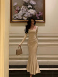 Niulatu Mermaid Square Neckline Long Sleeves White Long Prom Dresses Birthday Dress SD292