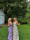 Niulatu Spaghetti Straps Lavender Chiffon Print Floral Evening Dress Ruffles Long Prom Dress HZ1007