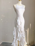 Niulatu Mermaid Scoop Satin Night Party Dress White Long Prom Dresses SD1524