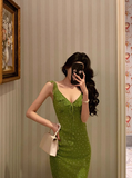 Vintage Mermaid V Neckline Green Floral Sleeveless 18th Birthday Dress Party Gown Birthday Outfits For Women HZ1214