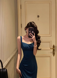 Vintage Sheath Square Neckline Blue Satin Sleeveless 18th Birthday Dress Party Gown Birthday Outfits For Women HZ1214